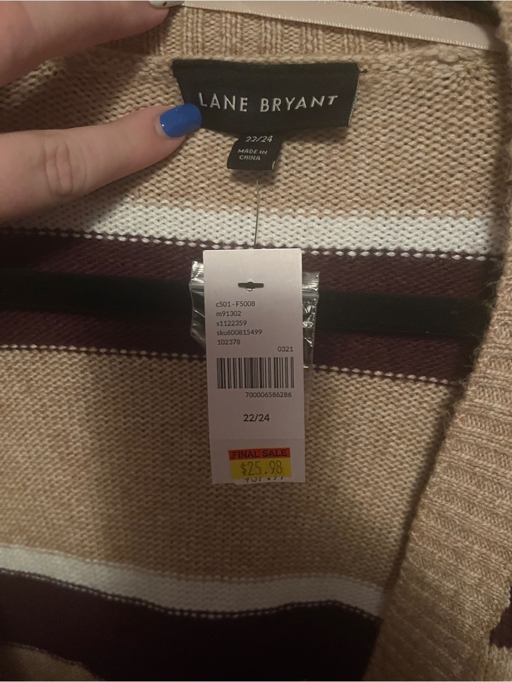 Lane Bryant Cream and Burgundy Striped Crewneck Sweater